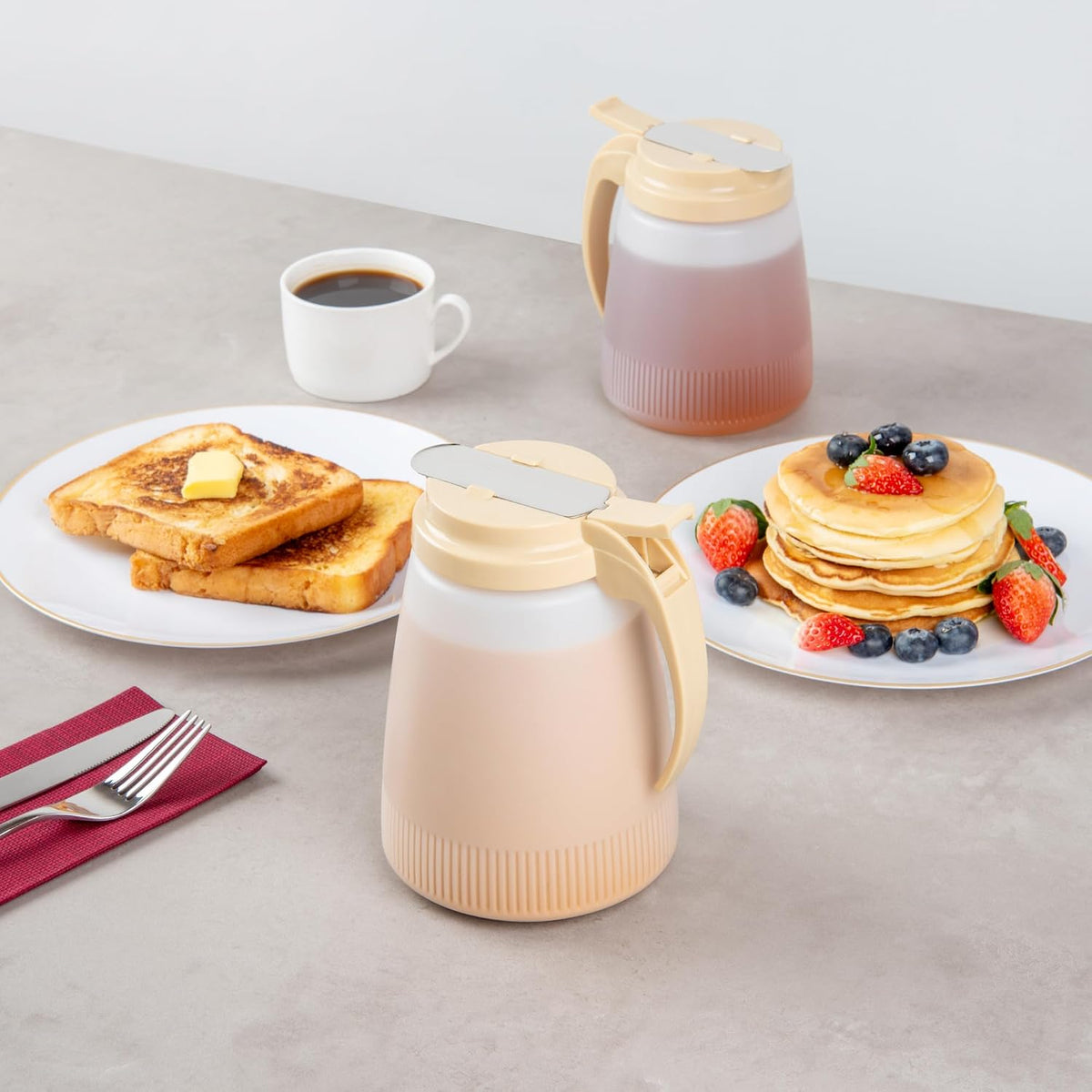 Chef 101 48 Ounce All Purpose Syrup Dispenser, 1 Honey Dispenser - Beige Top, Stainless Steel Slide Cover, Plastic Pancake Syrup Bottle, Perfect For Diners, Restaurants, Home