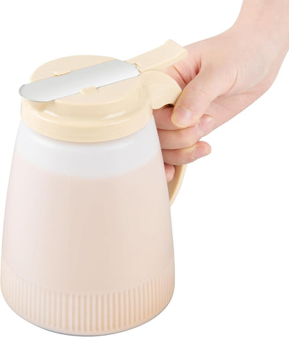 Chef 101 48 Ounce All Purpose Syrup Dispenser, 1 Honey Dispenser - Beige Top, Stainless Steel Slide Cover, Plastic Pancake Syrup Bottle, Perfect For Diners, Restaurants, Home