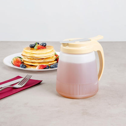 Chef 101 48 Ounce All Purpose Syrup Dispenser, 1 Honey Dispenser - Beige Top, Stainless Steel Slide Cover, Plastic Pancake Syrup Bottle, Perfect For Diners, Restaurants, Home