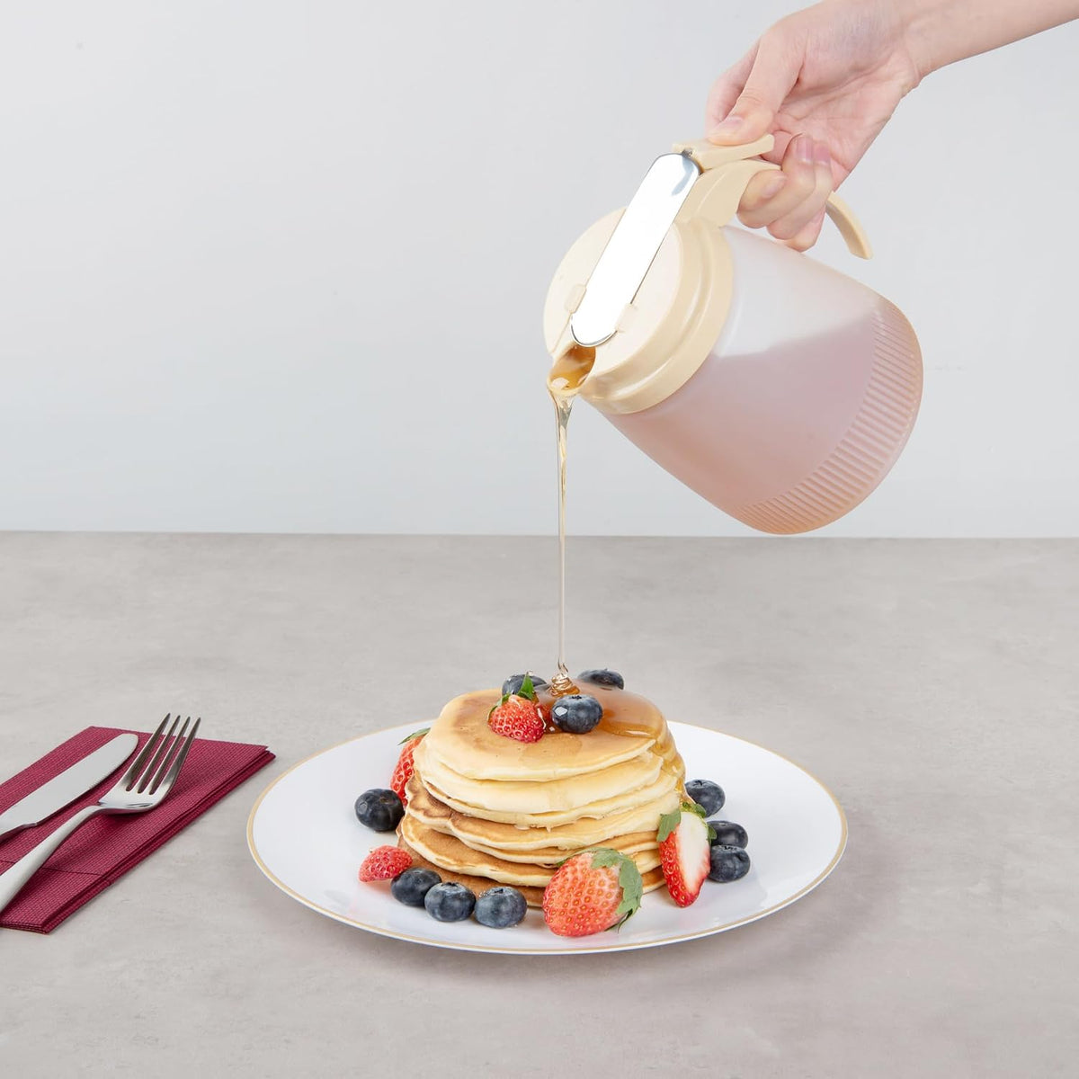 Chef 101 48 Ounce All Purpose Syrup Dispenser, 1 Honey Dispenser - Beige Top, Stainless Steel Slide Cover, Plastic Pancake Syrup Bottle, Perfect For Diners, Restaurants, Home