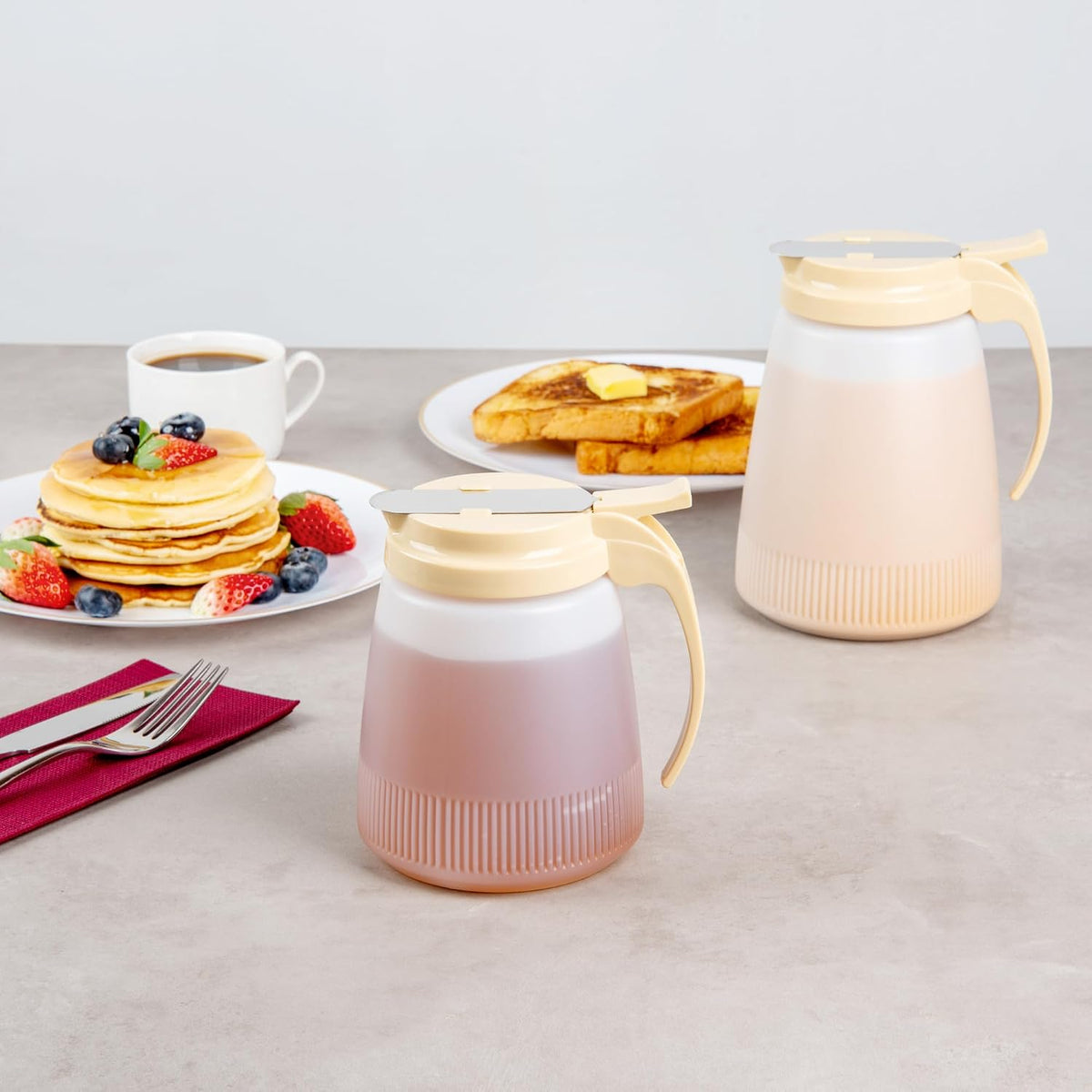 Chef 101 48 Ounce All Purpose Syrup Dispenser, 1 Honey Dispenser - Beige Top, Stainless Steel Slide Cover, Plastic Pancake Syrup Bottle, Perfect For Diners, Restaurants, Home