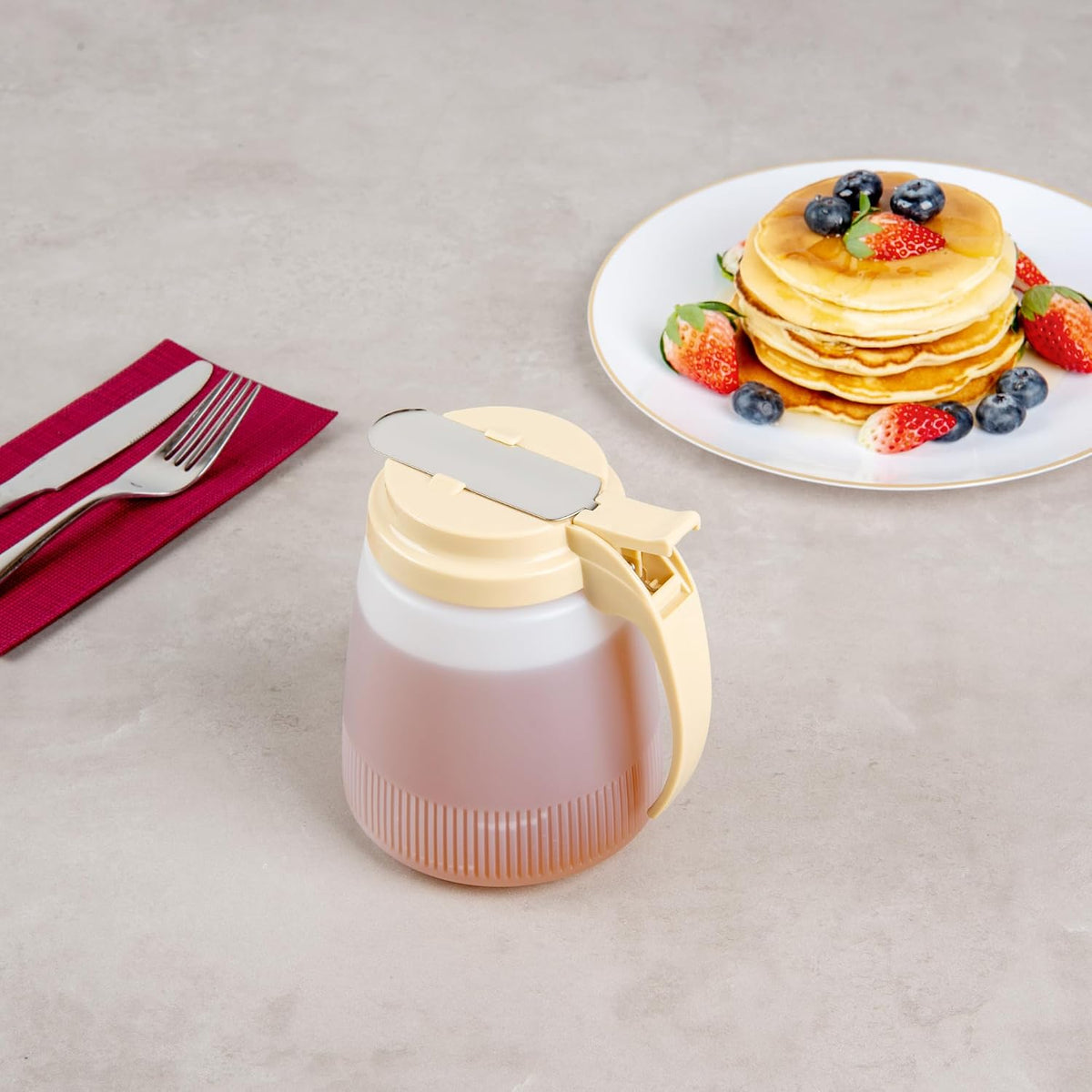 Chef 101 48 Ounce All Purpose Syrup Dispenser, 1 Honey Dispenser - Beige Top, Stainless Steel Slide Cover, Plastic Pancake Syrup Bottle, Perfect For Diners, Restaurants, Home