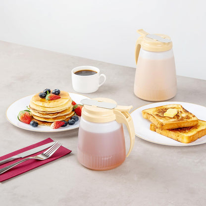 Chef 101 48 Ounce All Purpose Syrup Dispenser, 1 Honey Dispenser - Beige Top, Stainless Steel Slide Cover, Plastic Pancake Syrup Bottle, Perfect For Diners, Restaurants, Home