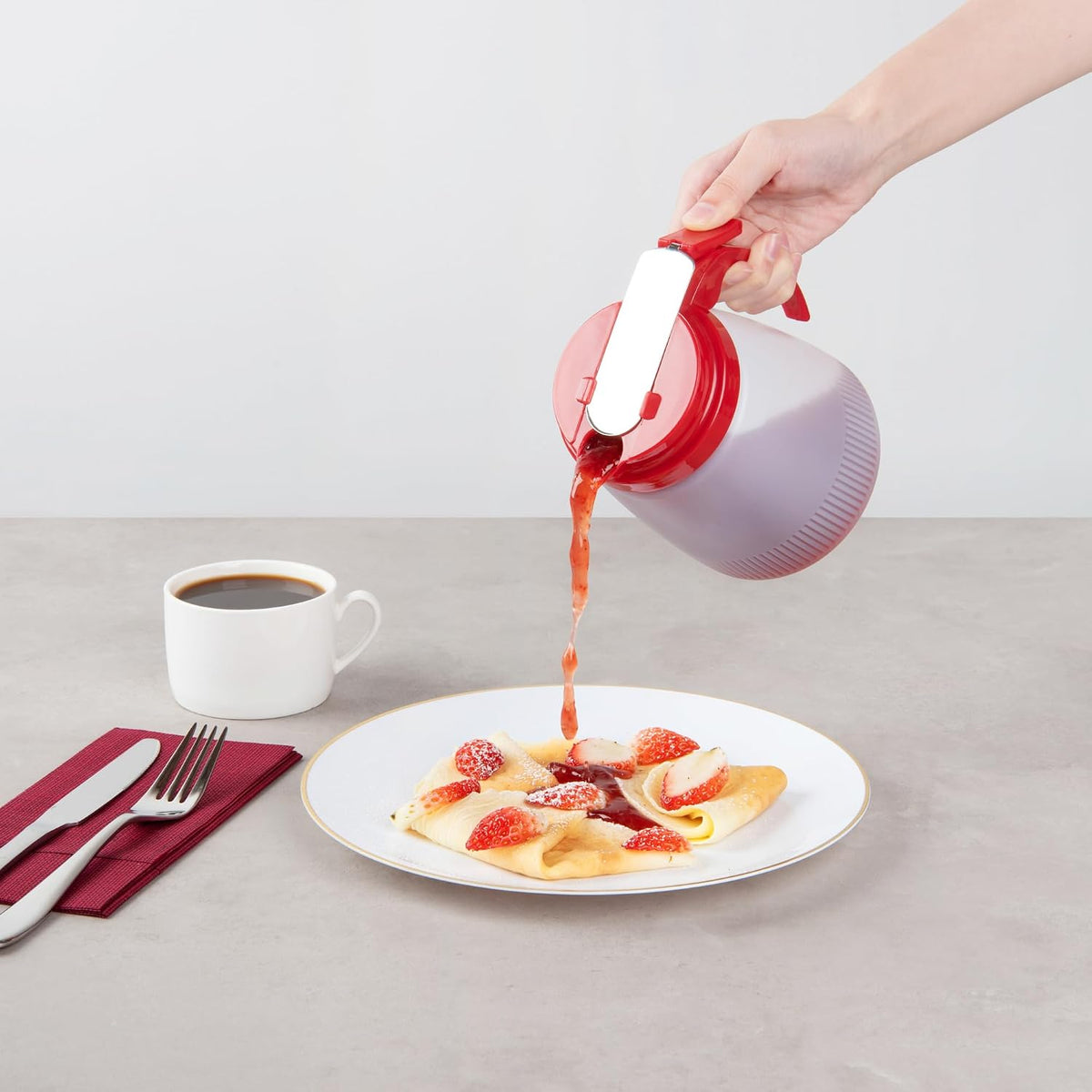 Chef 101 48 Ounce All Purpose Syrup Dispenser, 1 Honey Dispenser - Beige Top, Stainless Steel Slide Cover, Plastic Pancake Syrup Bottle, Perfect For Diners, Restaurants, Home
