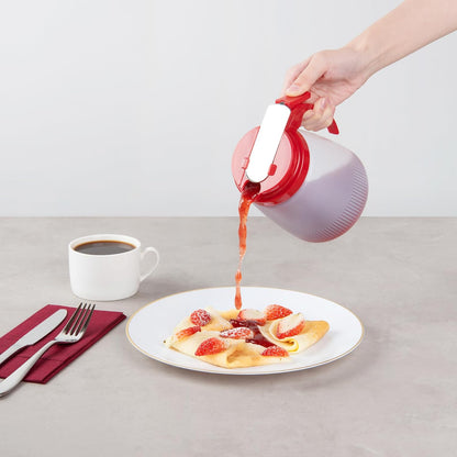 Chef 101 48 Ounce All Purpose Syrup Dispenser, 1 Honey Dispenser - Beige Top, Stainless Steel Slide Cover, Plastic Pancake Syrup Bottle, Perfect For Diners, Restaurants, Home