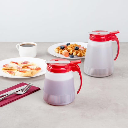 Chef 101 48 Ounce All Purpose Syrup Dispenser, 1 Honey Dispenser - Beige Top, Stainless Steel Slide Cover, Plastic Pancake Syrup Bottle, Perfect For Diners, Restaurants, Home