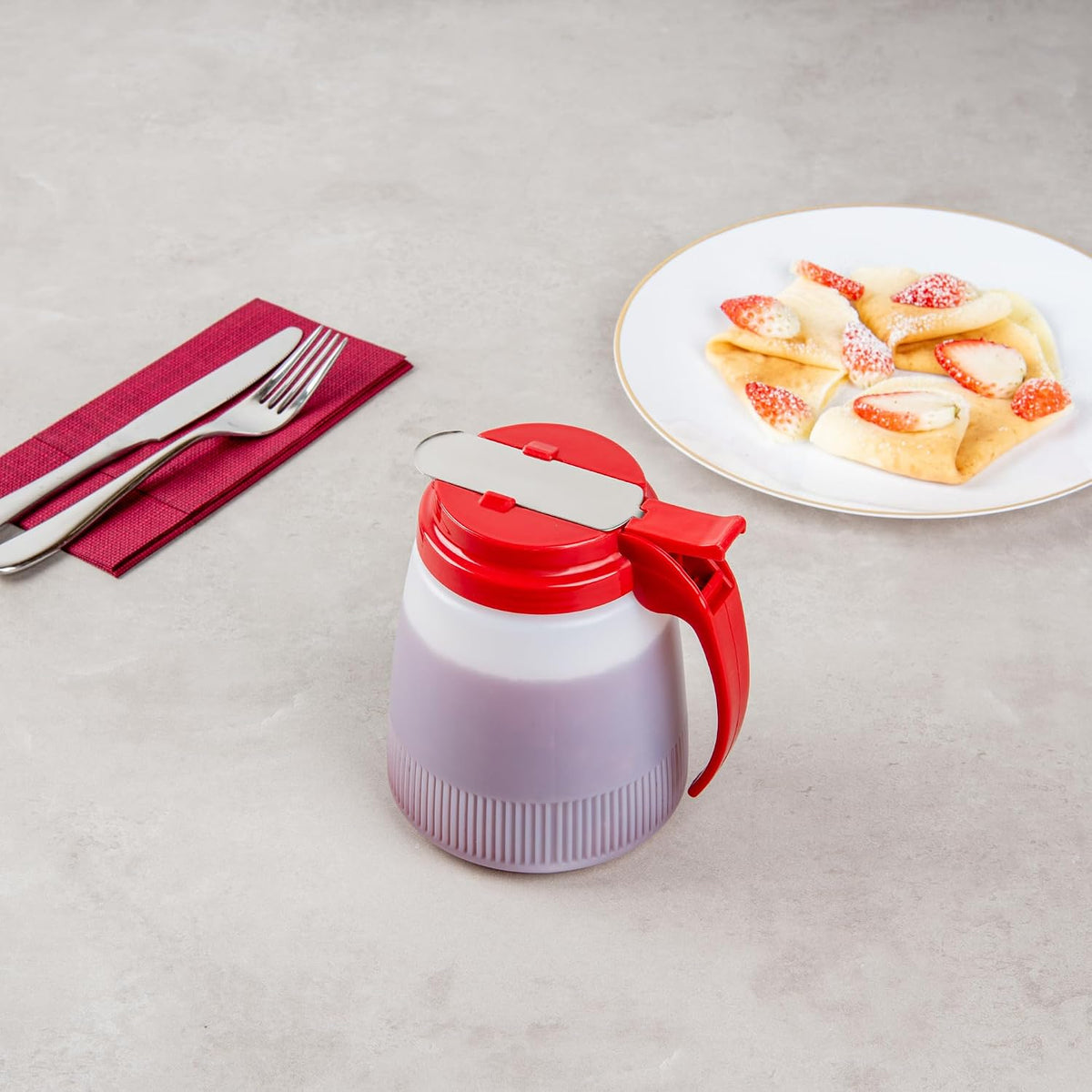 Chef 101 48 Ounce All Purpose Syrup Dispenser, 1 Honey Dispenser - Beige Top, Stainless Steel Slide Cover, Plastic Pancake Syrup Bottle, Perfect For Diners, Restaurants, Home