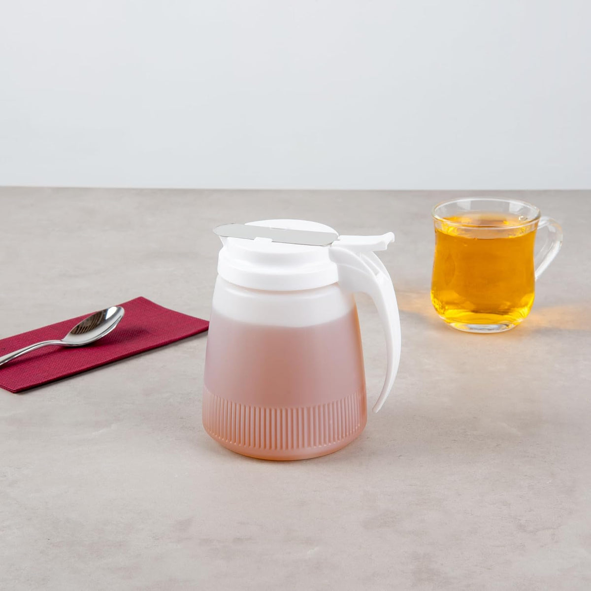 Chef 101 48 Ounce All Purpose Syrup Dispenser, 1 Honey Dispenser - Beige Top, Stainless Steel Slide Cover, Plastic Pancake Syrup Bottle, Perfect For Diners, Restaurants, Home