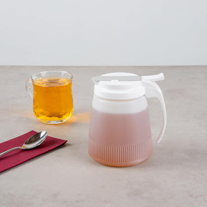 Chef 101 48 Ounce All Purpose Syrup Dispenser, 1 Honey Dispenser - Beige Top, Stainless Steel Slide Cover, Plastic Pancake Syrup Bottle, Perfect For Diners, Restaurants, Home