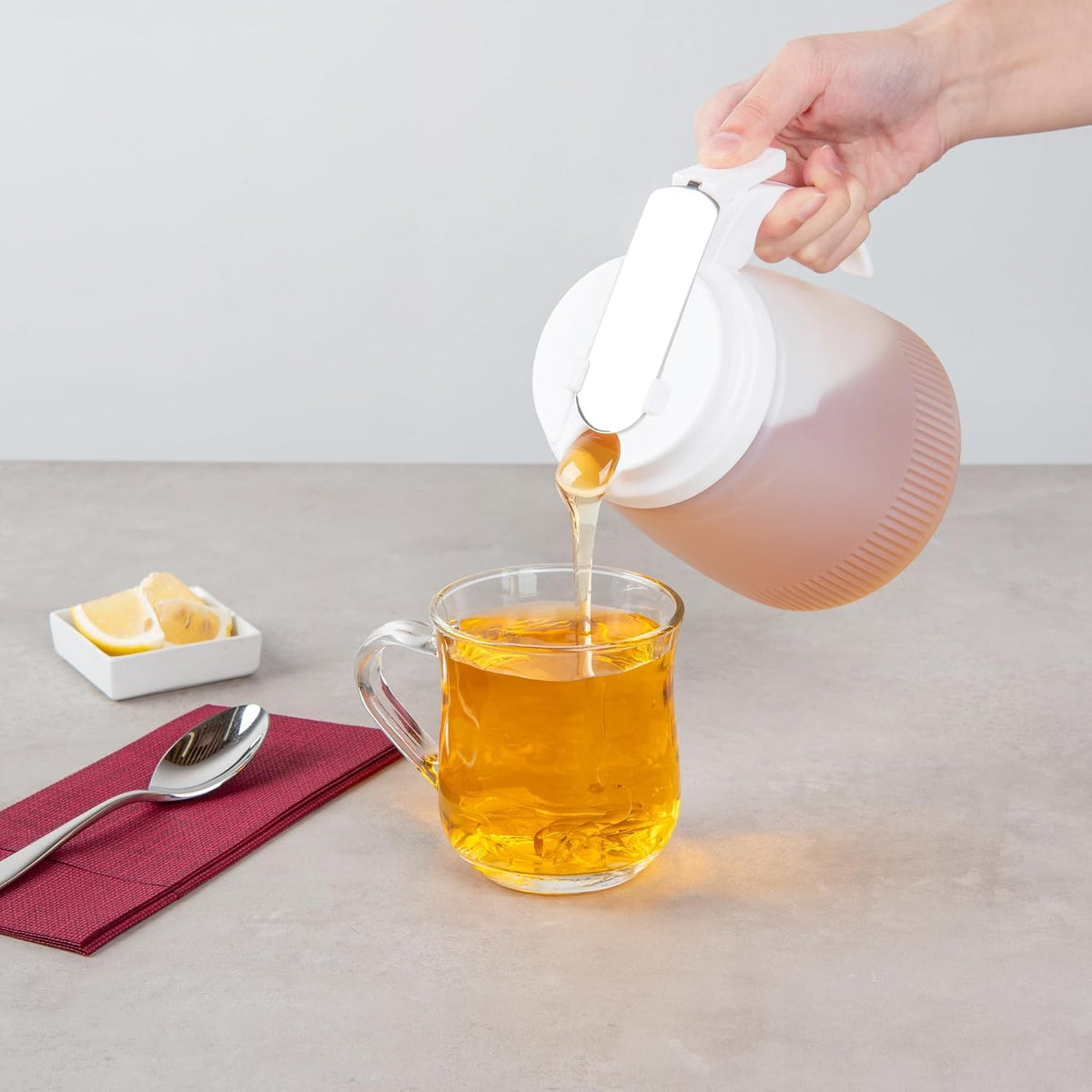 Chef 101 48 Ounce All Purpose Syrup Dispenser, 1 Honey Dispenser - Beige Top, Stainless Steel Slide Cover, Plastic Pancake Syrup Bottle, Perfect For Diners, Restaurants, Home