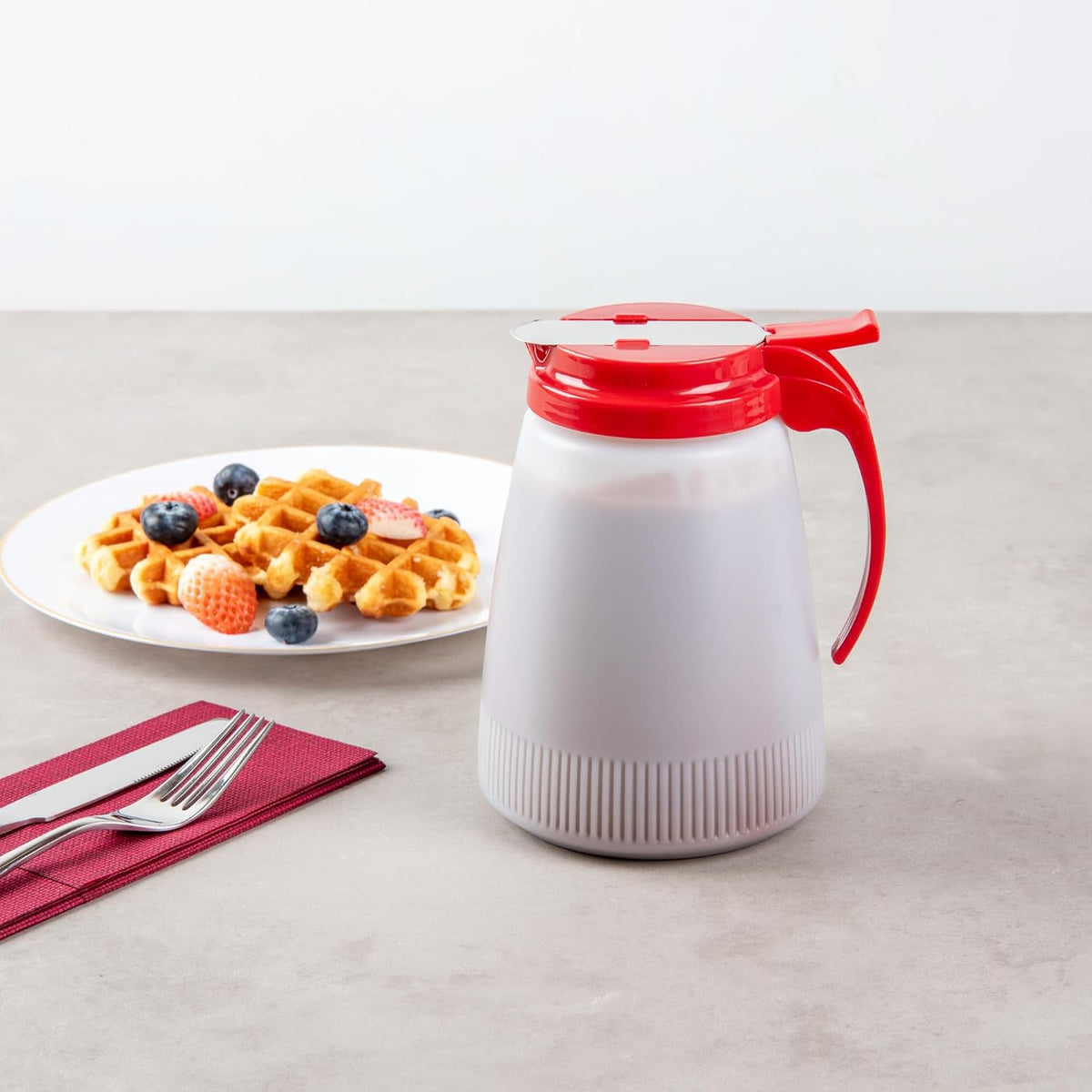 Chef 101 48 Ounce All Purpose Syrup Dispenser, 1 Honey Dispenser - Beige Top, Stainless Steel Slide Cover, Plastic Pancake Syrup Bottle, Perfect For Diners, Restaurants, Home