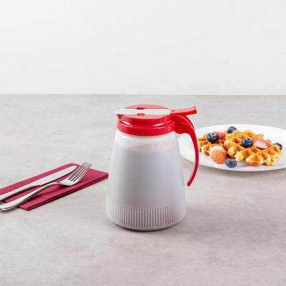 Chef 101 48 Ounce All Purpose Syrup Dispenser, 1 Honey Dispenser - Beige Top, Stainless Steel Slide Cover, Plastic Pancake Syrup Bottle, Perfect For Diners, Restaurants, Home