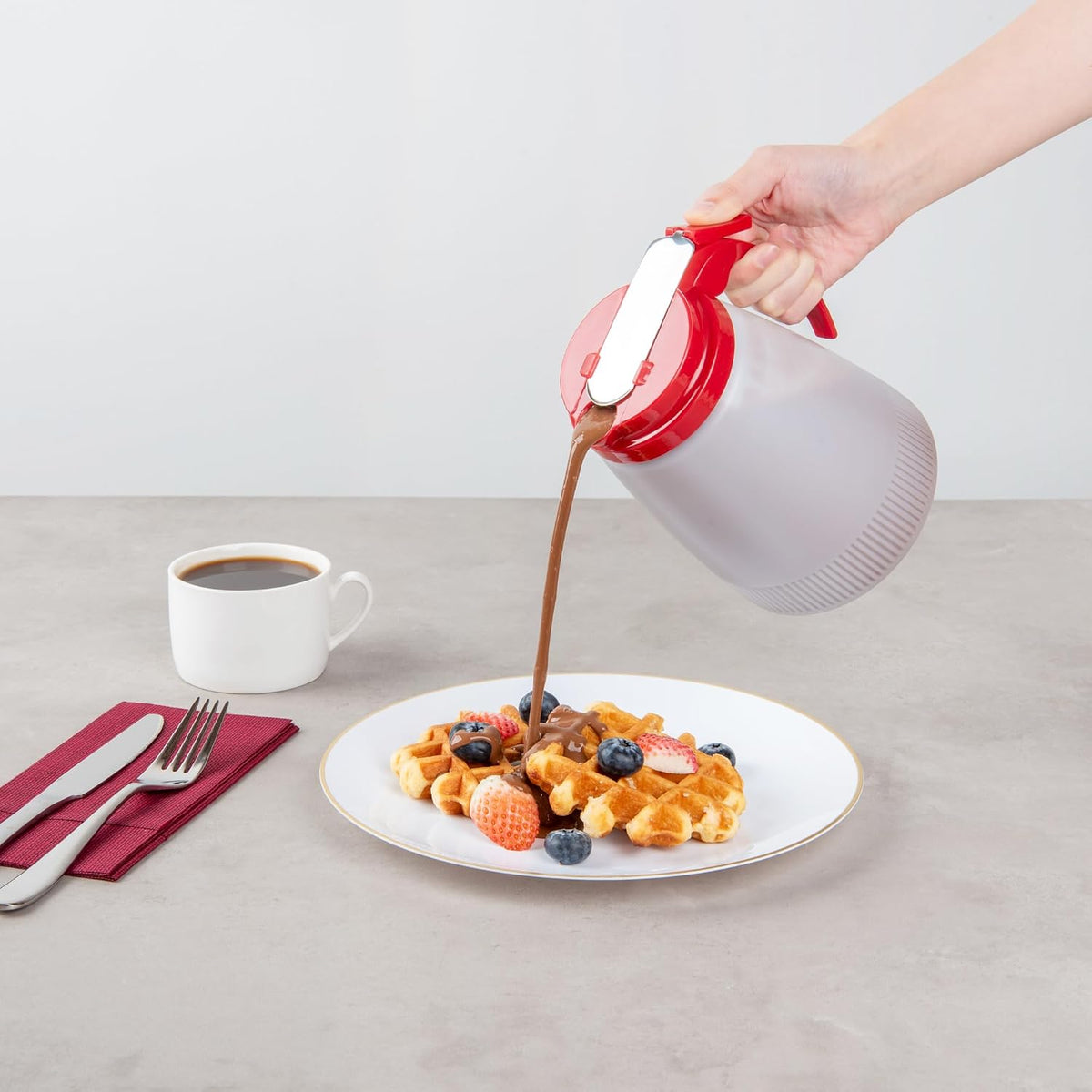 Chef 101 48 Ounce All Purpose Syrup Dispenser, 1 Honey Dispenser - Beige Top, Stainless Steel Slide Cover, Plastic Pancake Syrup Bottle, Perfect For Diners, Restaurants, Home