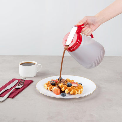 Chef 101 48 Ounce All Purpose Syrup Dispenser, 1 Honey Dispenser - Beige Top, Stainless Steel Slide Cover, Plastic Pancake Syrup Bottle, Perfect For Diners, Restaurants, Home