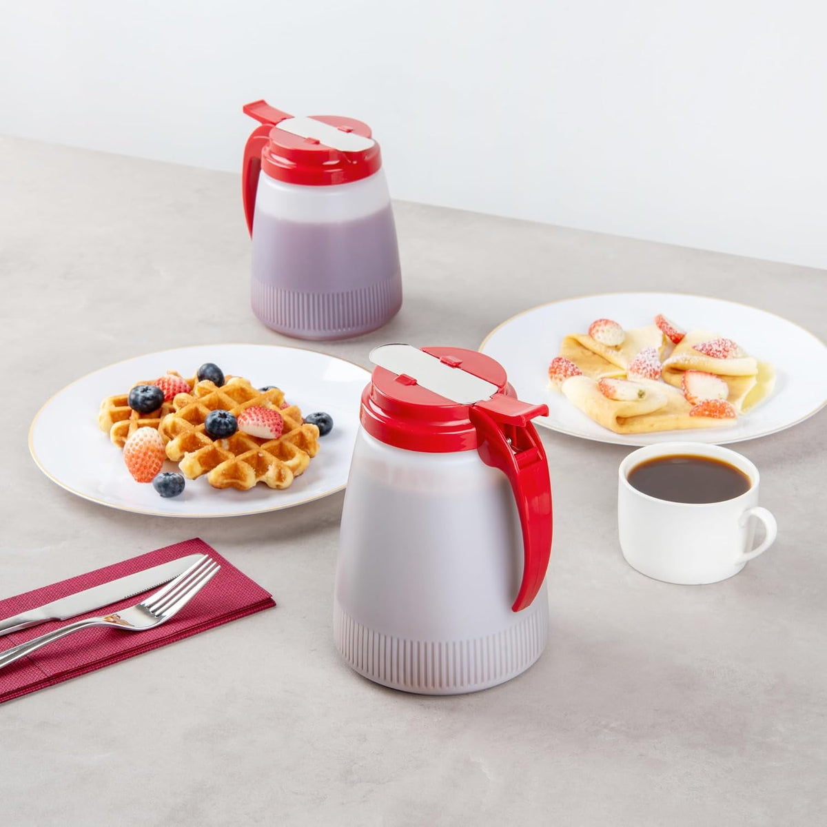 Chef 101 48 Ounce All Purpose Syrup Dispenser, 1 Honey Dispenser - Beige Top, Stainless Steel Slide Cover, Plastic Pancake Syrup Bottle, Perfect For Diners, Restaurants, Home