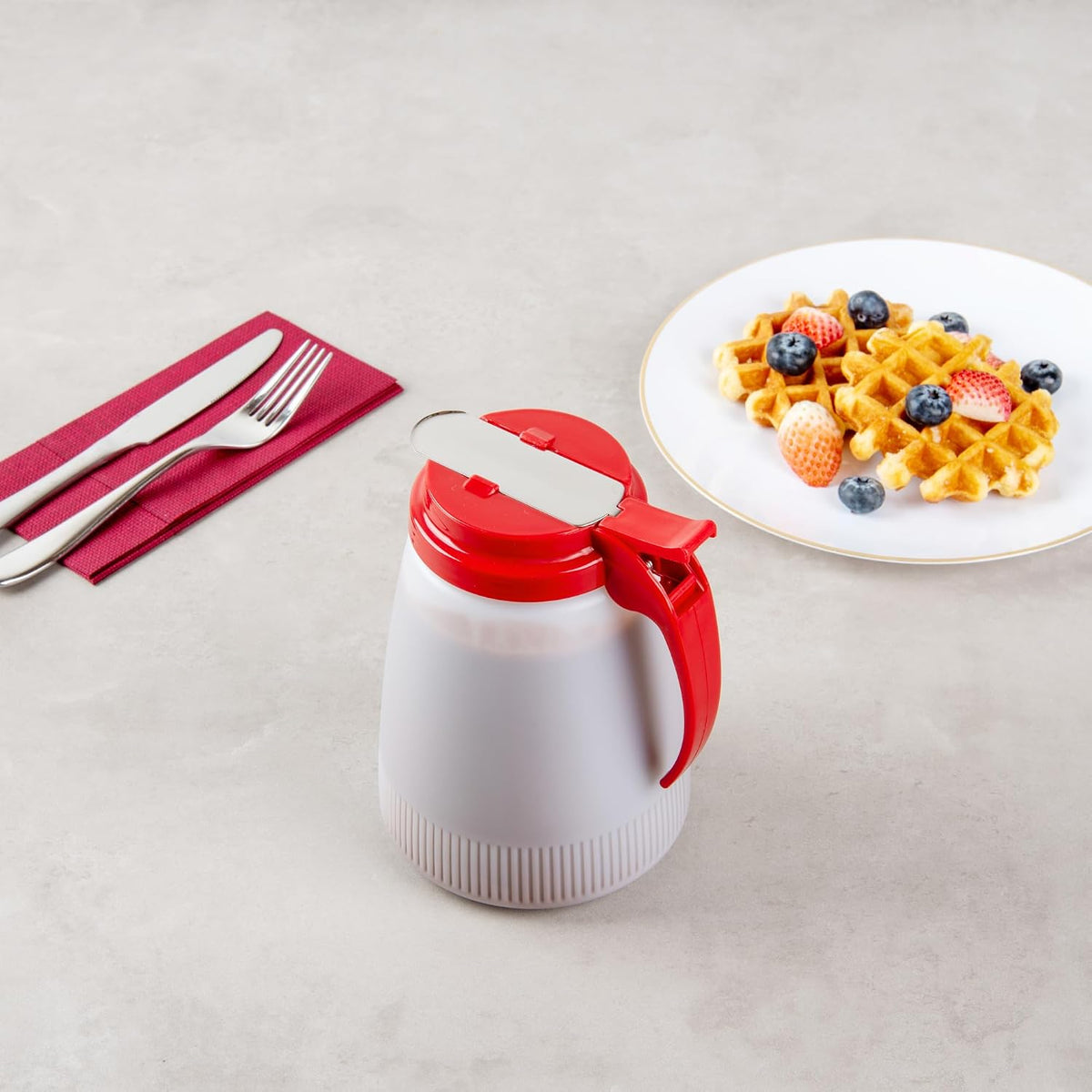 Chef 101 48 Ounce All Purpose Syrup Dispenser, 1 Honey Dispenser - Beige Top, Stainless Steel Slide Cover, Plastic Pancake Syrup Bottle, Perfect For Diners, Restaurants, Home
