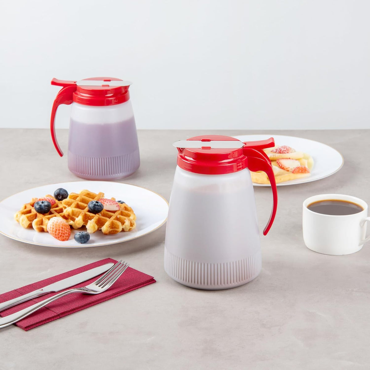 Chef 101 48 Ounce All Purpose Syrup Dispenser, 1 Honey Dispenser - Beige Top, Stainless Steel Slide Cover, Plastic Pancake Syrup Bottle, Perfect For Diners, Restaurants, Home