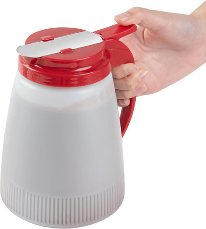Chef 101 48 Ounce All Purpose Syrup Dispenser, 1 Honey Dispenser - Beige Top, Stainless Steel Slide Cover, Plastic Pancake Syrup Bottle, Perfect For Diners, Restaurants, Home