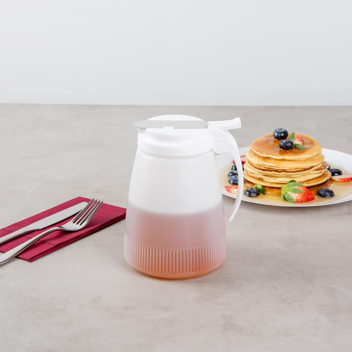 Chef 101 48 Ounce All Purpose Syrup Dispenser, 1 Honey Dispenser - Beige Top, Stainless Steel Slide Cover, Plastic Pancake Syrup Bottle, Perfect For Diners, Restaurants, Home