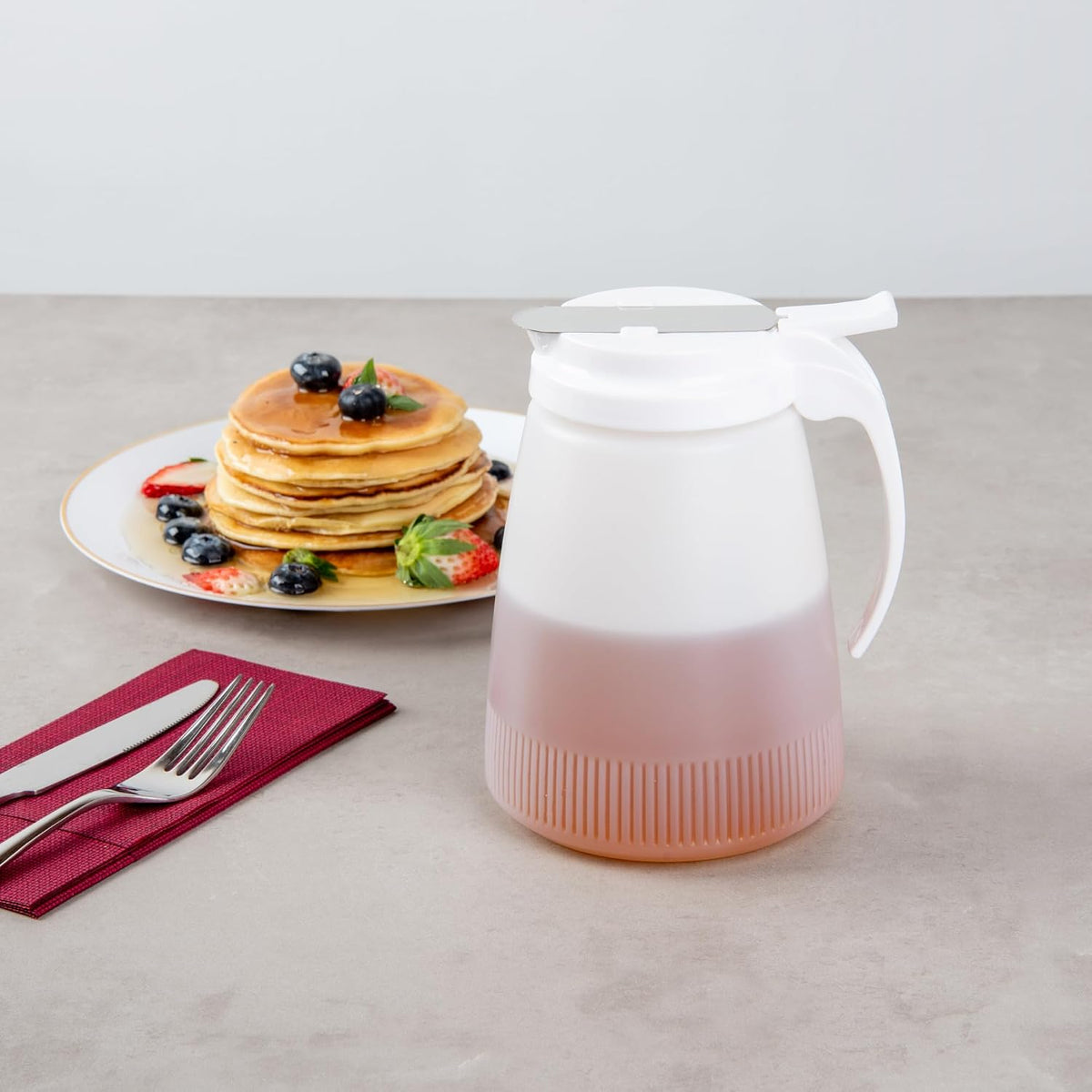 Chef 101 48 Ounce All Purpose Syrup Dispenser, 1 Honey Dispenser - Beige Top, Stainless Steel Slide Cover, Plastic Pancake Syrup Bottle, Perfect For Diners, Restaurants, Home