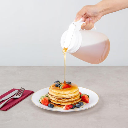 Chef 101 48 Ounce All Purpose Syrup Dispenser, 1 Honey Dispenser - Beige Top, Stainless Steel Slide Cover, Plastic Pancake Syrup Bottle, Perfect For Diners, Restaurants, Home
