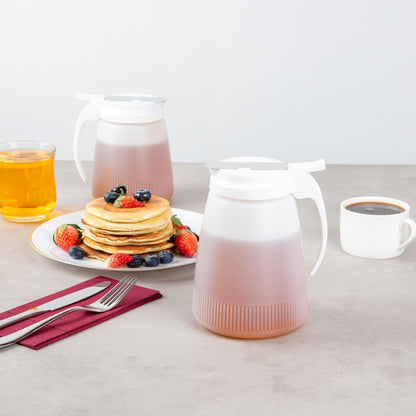 Chef 101 48 Ounce All Purpose Syrup Dispenser, 1 Honey Dispenser - Beige Top, Stainless Steel Slide Cover, Plastic Pancake Syrup Bottle, Perfect For Diners, Restaurants, Home