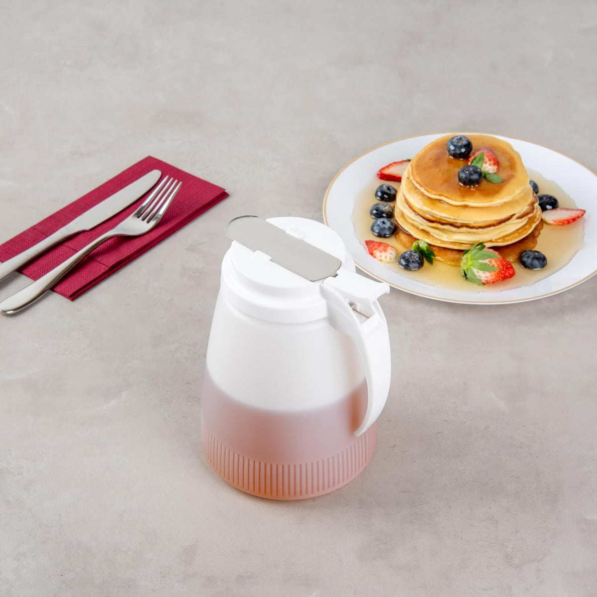 Chef 101 48 Ounce All Purpose Syrup Dispenser, 1 Honey Dispenser - Beige Top, Stainless Steel Slide Cover, Plastic Pancake Syrup Bottle, Perfect For Diners, Restaurants, Home