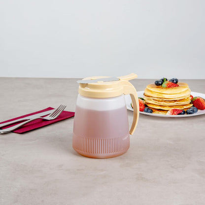 Chef 101 48 Ounce All Purpose Syrup Dispenser, 1 Honey Dispenser - Beige Top, Stainless Steel Slide Cover, Plastic Pancake Syrup Bottle, Perfect For Diners, Restaurants, Home