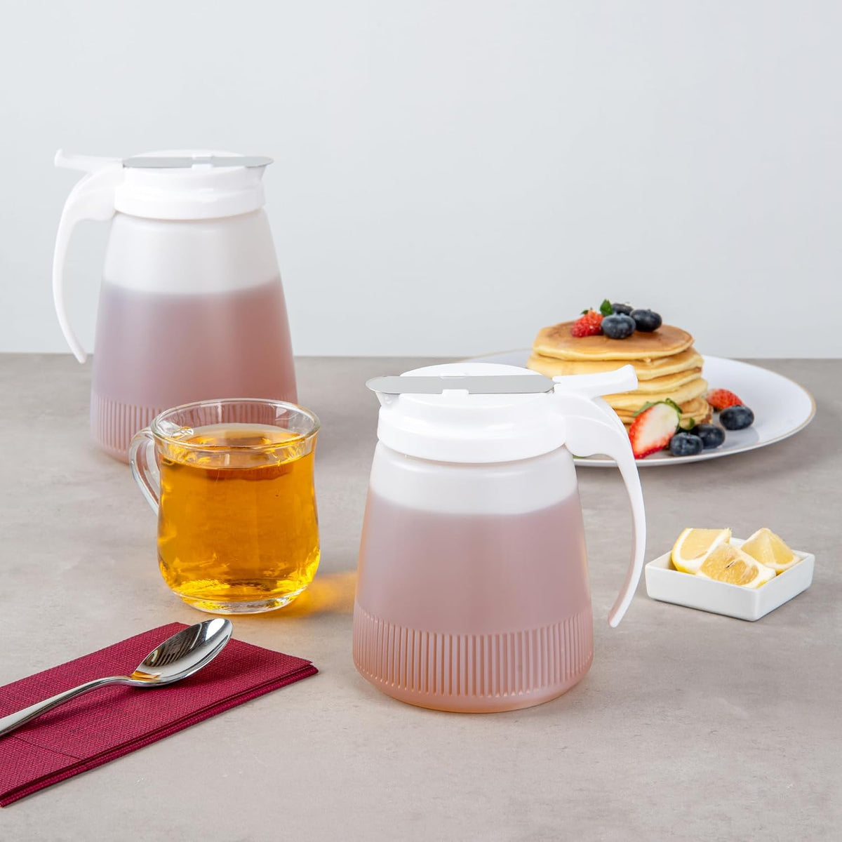 Chef 101 48 Ounce All Purpose Syrup Dispenser, 1 Honey Dispenser - Beige Top, Stainless Steel Slide Cover, Plastic Pancake Syrup Bottle, Perfect For Diners, Restaurants, Home