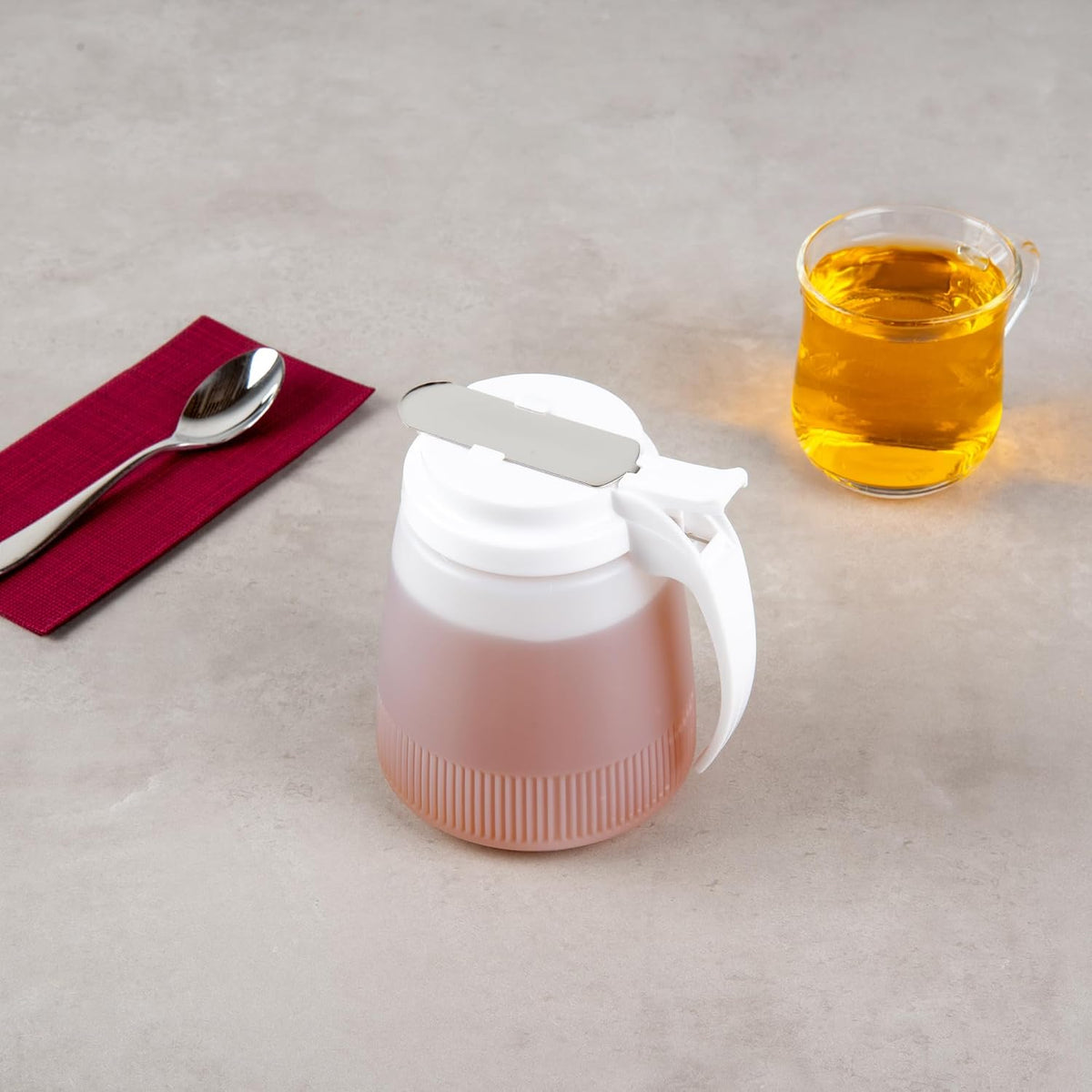 Chef 101 48 Ounce All Purpose Syrup Dispenser, 1 Honey Dispenser - Beige Top, Stainless Steel Slide Cover, Plastic Pancake Syrup Bottle, Perfect For Diners, Restaurants, Home