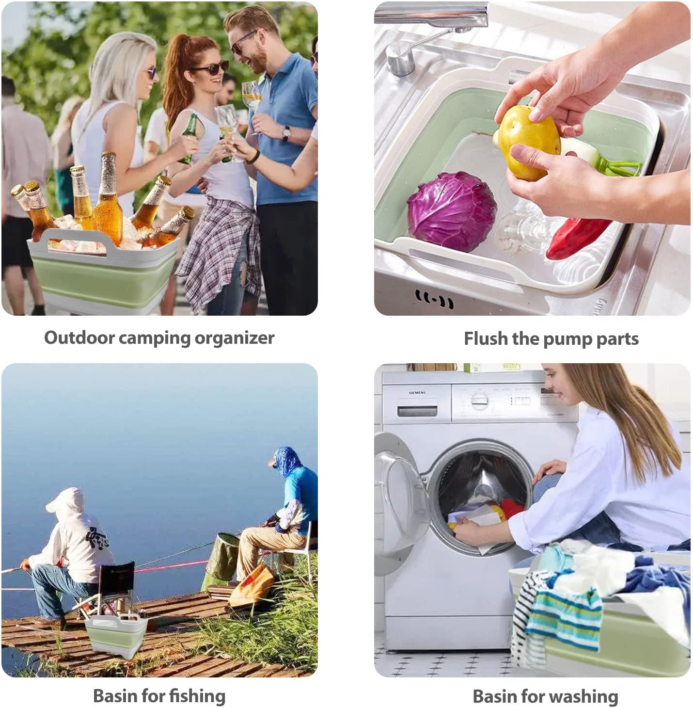 2PCS Dishpan for Washing Dishes, 9L(2.4Gallon) Collapsible Wash Basin with Drain Plug Carry Handles, Collapsible Bucket for Cleaning, Vegetable Washing, RV(Green + Grey)