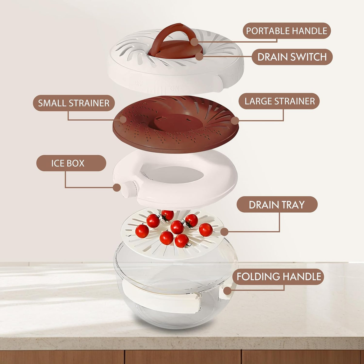 Upgraded Fruit Washing Bowl with Strainer,BPA-Free Drain Basket for Lid & Ice Compartment,Multifunctional Fruit Washer,Foldable Handle Strainer and Colander for Fridge Storage or Picnic Camping(1 QT)