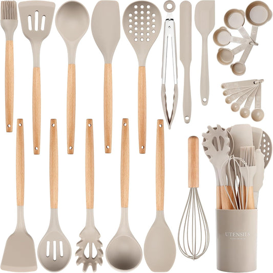 Food Grade Silicone Kitchen Utensils Set with Wooden Handles