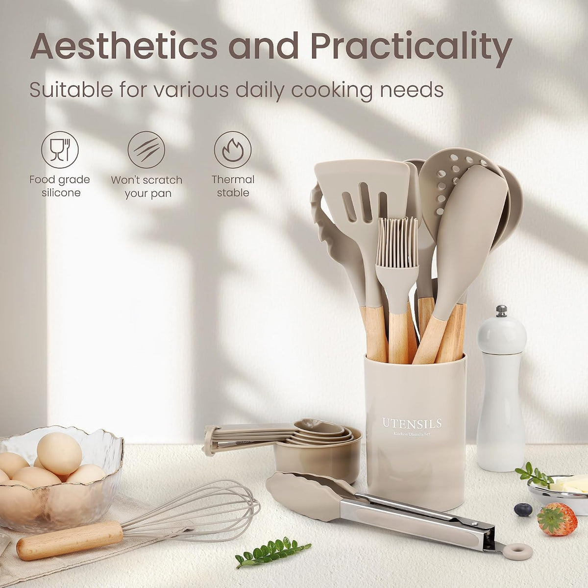 Food Grade Silicone Kitchen Utensils Set with Wooden Handles