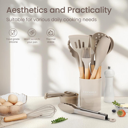 Food Grade Silicone Kitchen Utensils Set with Wooden Handles