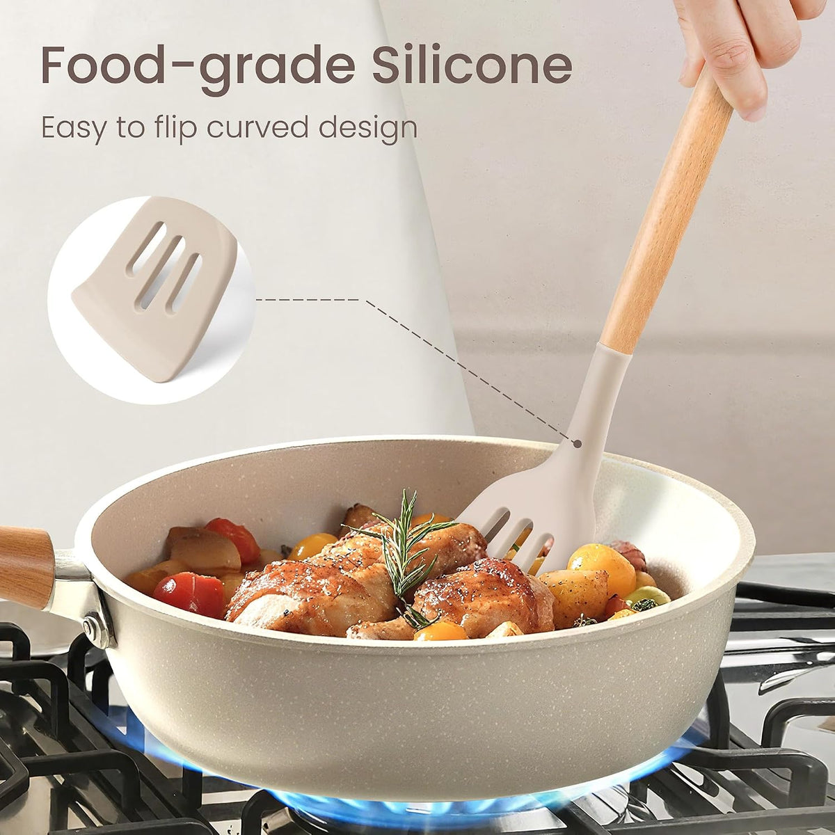 Food Grade Silicone Kitchen Utensils Set with Wooden Handles