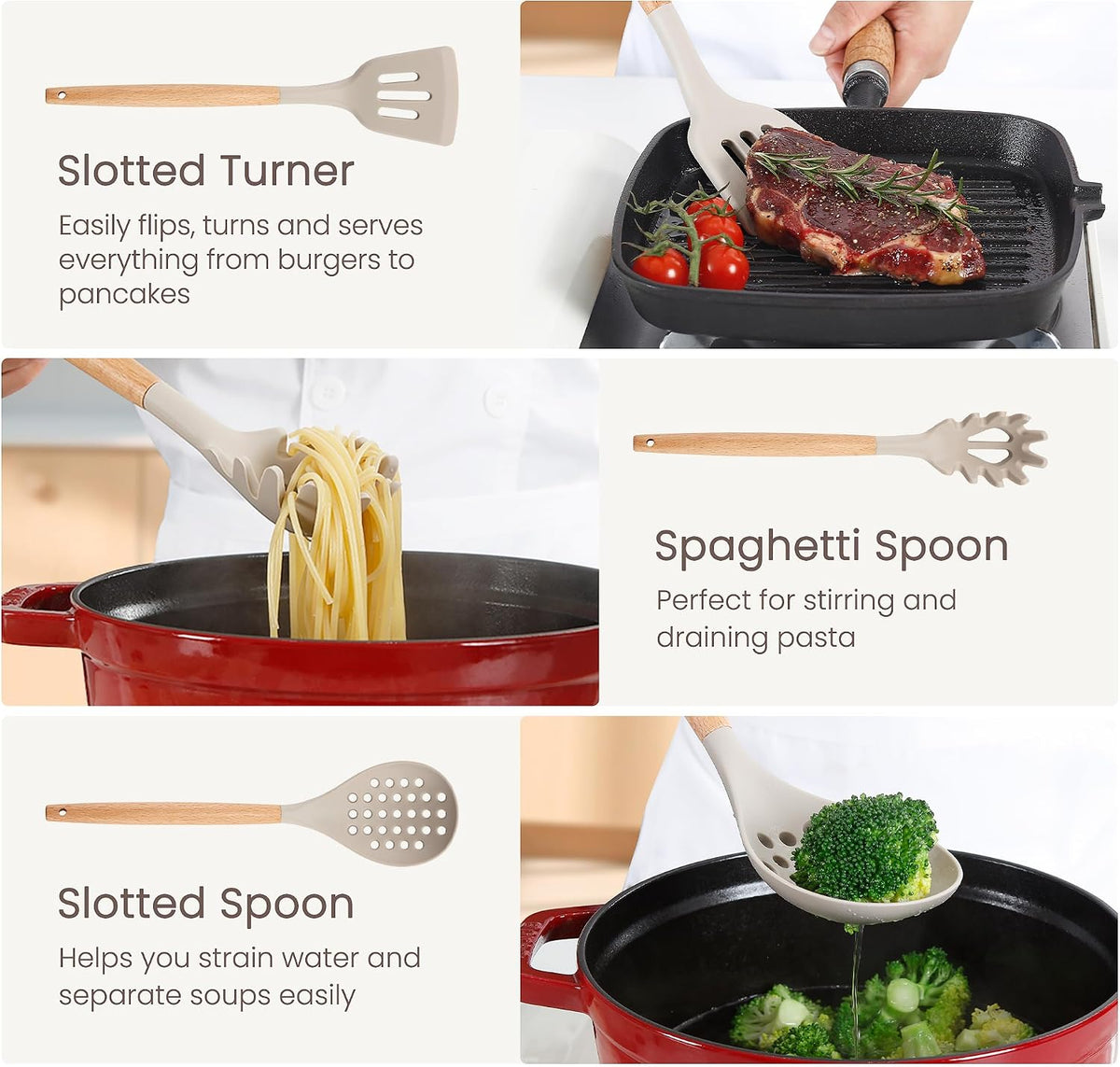 Food Grade Silicone Kitchen Utensils Set with Wooden Handles