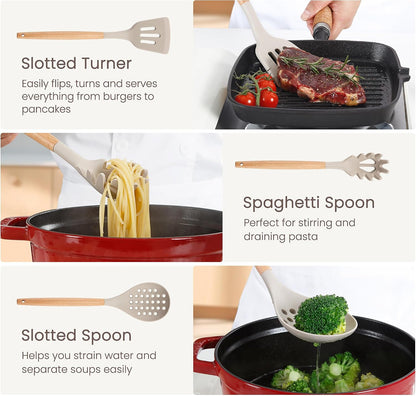Food Grade Silicone Kitchen Utensils Set with Wooden Handles