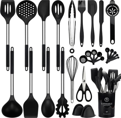 Food Grade Silicone Kitchen Utensils Set with Wooden Handles