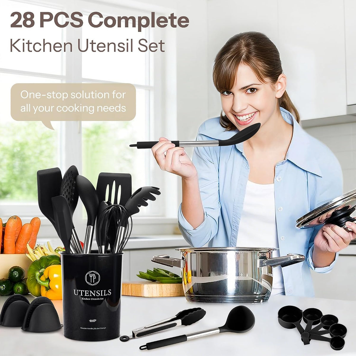 Food Grade Silicone Kitchen Utensils Set with Wooden Handles