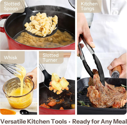 Food Grade Silicone Kitchen Utensils Set with Wooden Handles