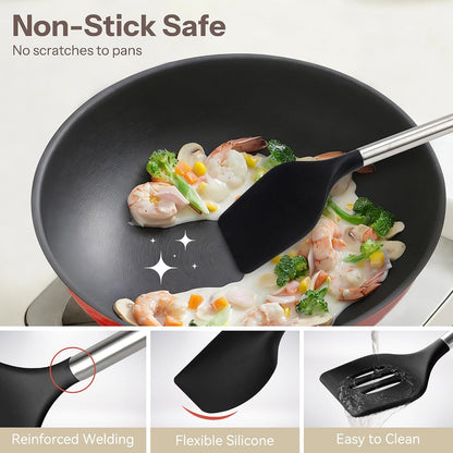 Food Grade Silicone Kitchen Utensils Set with Wooden Handles