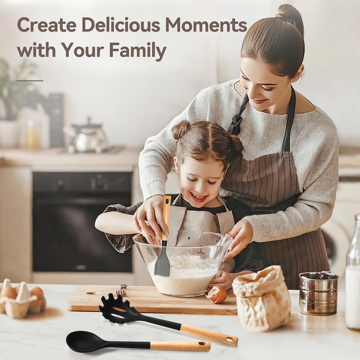 Food Grade Silicone Kitchen Utensils Set with Wooden Handles