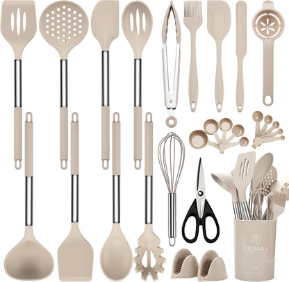 Food Grade Silicone Kitchen Utensils Set with Wooden Handles