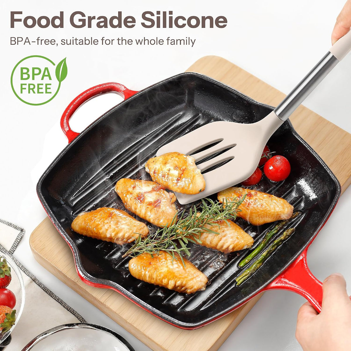 Food Grade Silicone Kitchen Utensils Set with Wooden Handles