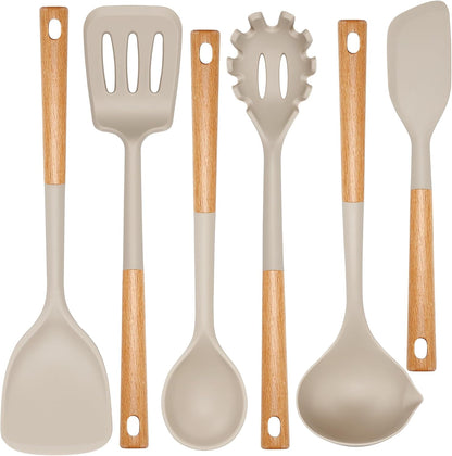 Food Grade Silicone Kitchen Utensils Set with Wooden Handles