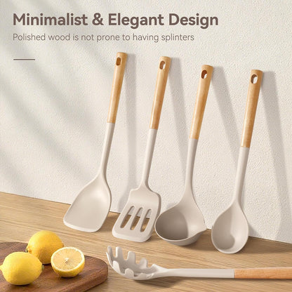 Food Grade Silicone Kitchen Utensils Set with Wooden Handles