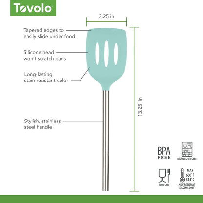Slotted Silicone Spatula Turner Slotted Stainless Steel Handle 10" Blue Slate Heat Resistant Non Toxic BPA Free Kitchen Utensil, Silicone Egg Pancake Flipper Metal Handle Turner for Cooking