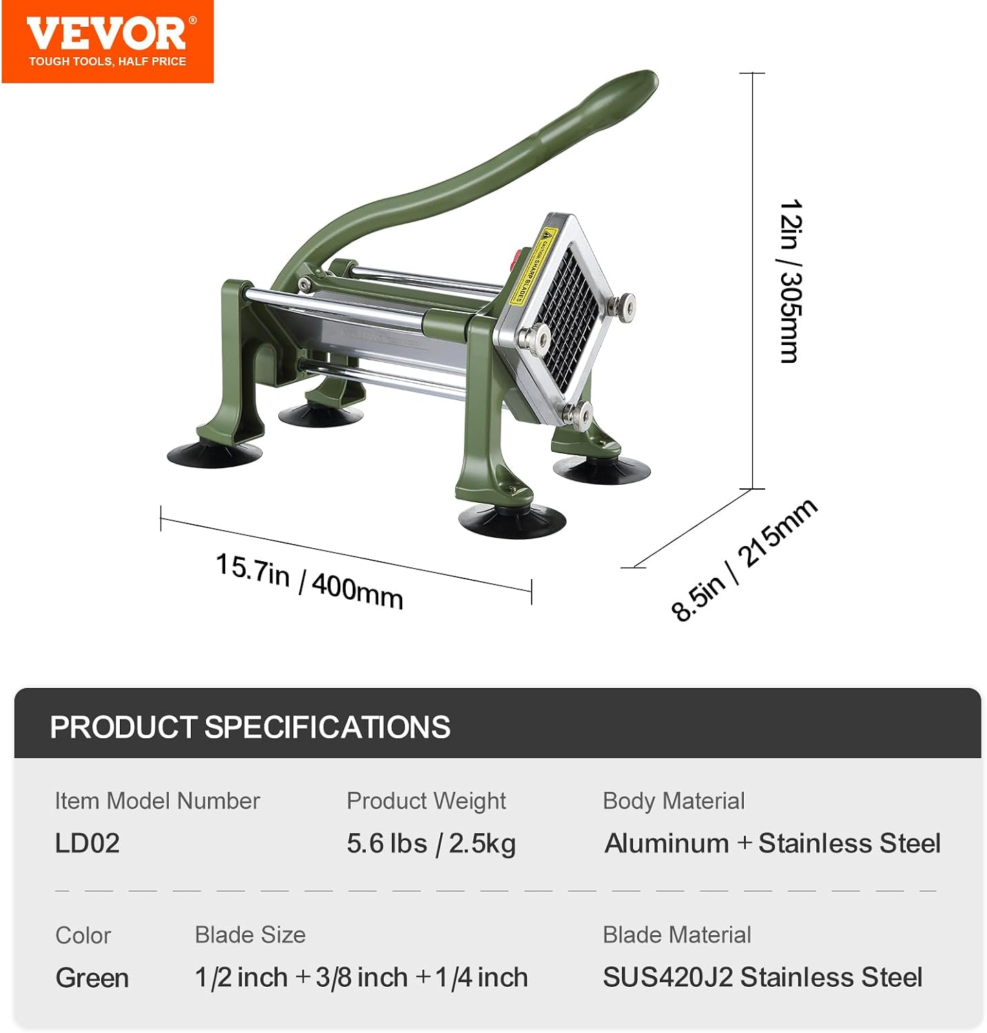 French Fry Cutter, Potato Slicer with Stainless Steel Blades, Manual Potato Cutter Chopper with Suction Cups, Great for Potato, French Fries, Cucumber, Vegetables, Carrot