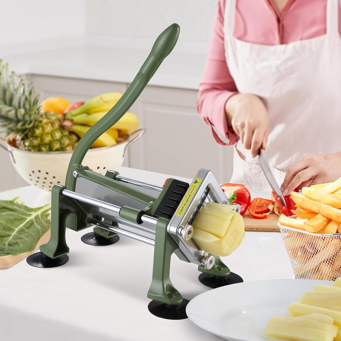 French Fry Cutter, Potato Slicer with Stainless Steel Blades, Manual Potato Cutter Chopper with Suction Cups, Great for Potato, French Fries, Cucumber, Vegetables, Carrot